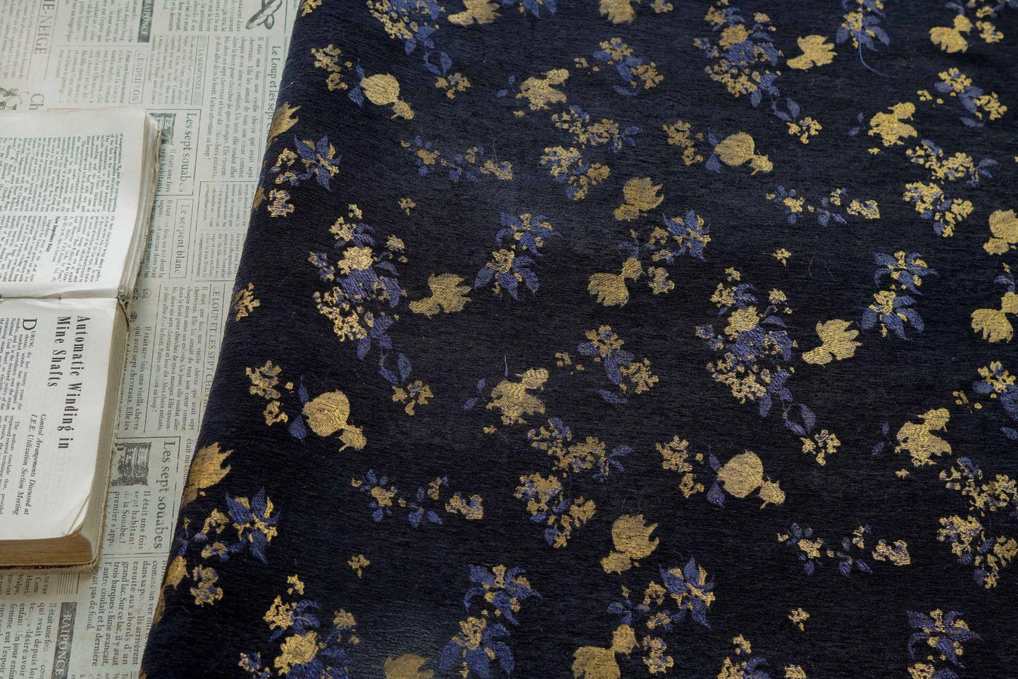 Goldfish Orchid Chenille Jacquard Fabric, Black Heavy Upholstery Textile for Sofa, Cushions, Bags and Home Decor, 58"Wide