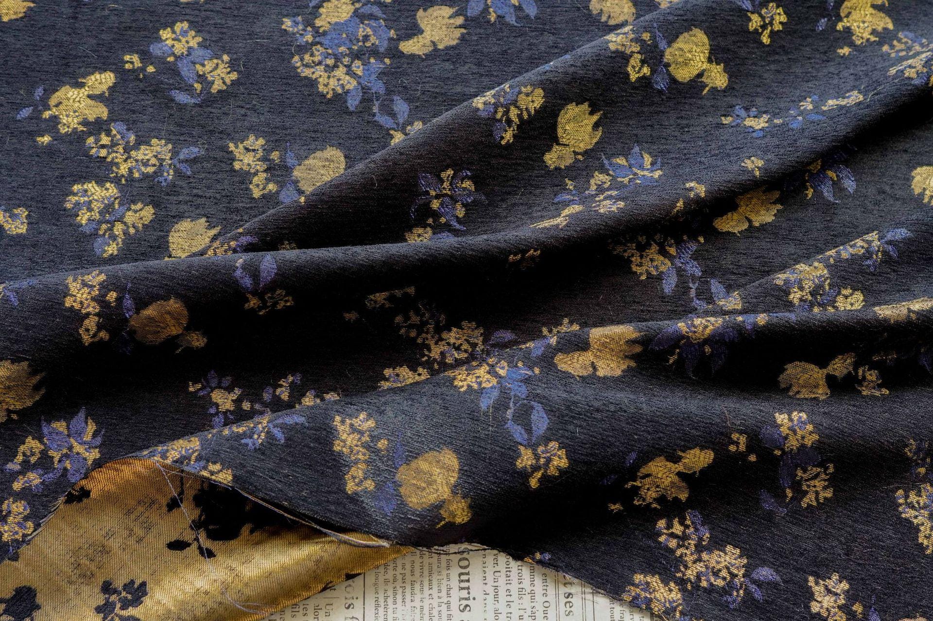 Goldfish Orchid Chenille Jacquard Fabric, Black Heavy Upholstery Textile for Sofa, Cushions, Bags and Home Decor, 58"Wide