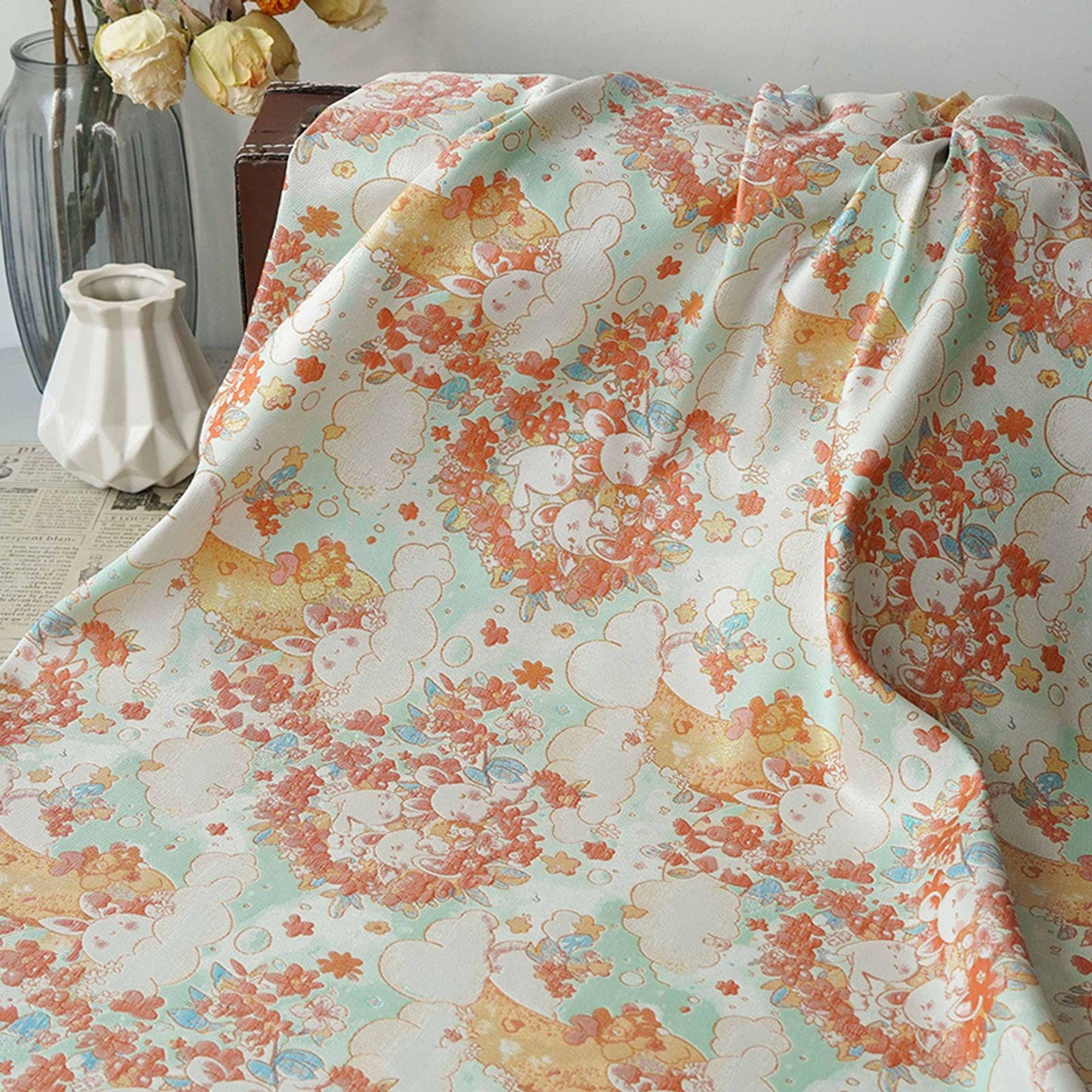 Blooming Cloud Rabbit Song Brocade Fabric, Chinese Jacquard Brocade with Gold Thread, Rabbit Floral Fabric for Hanfu Qipao Decor, 65"Wide