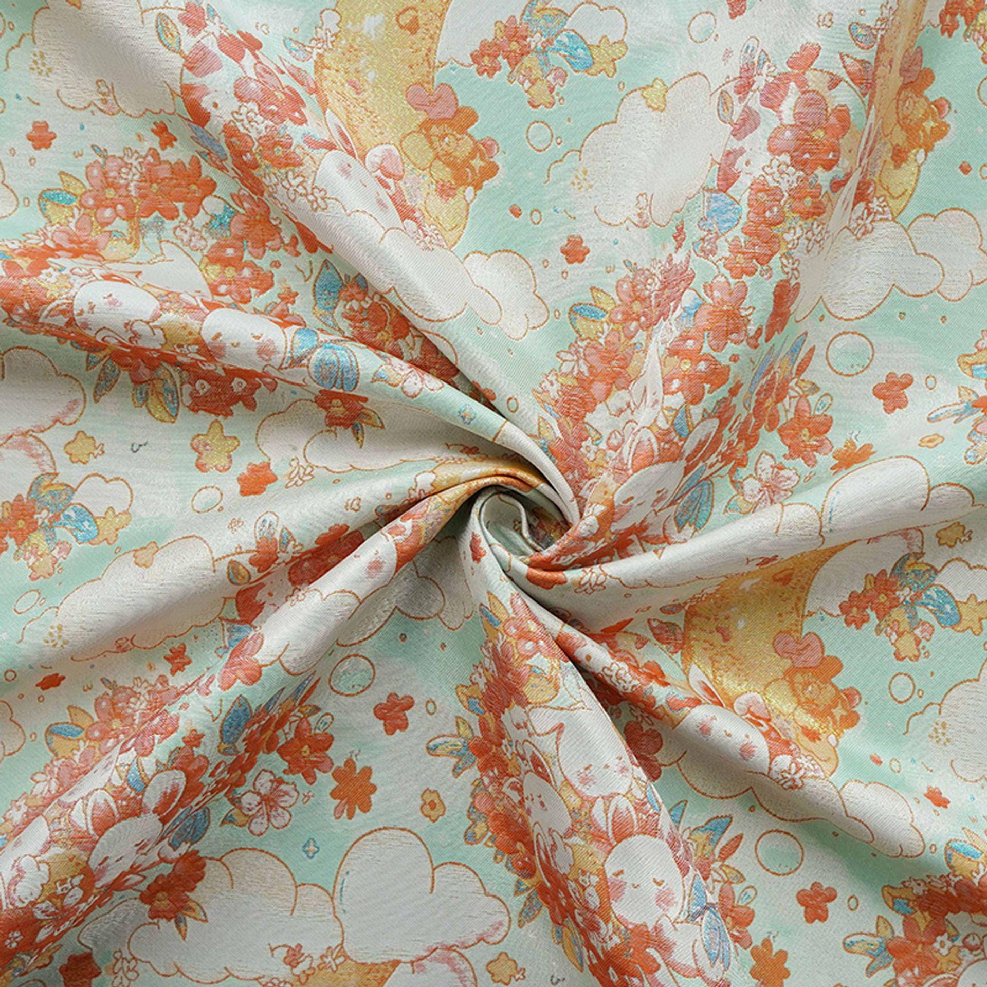 Blooming Cloud Rabbit Song Brocade Fabric, Chinese Jacquard Brocade with Gold Thread, Rabbit Floral Fabric for Hanfu Qipao Decor, 65"Wide
