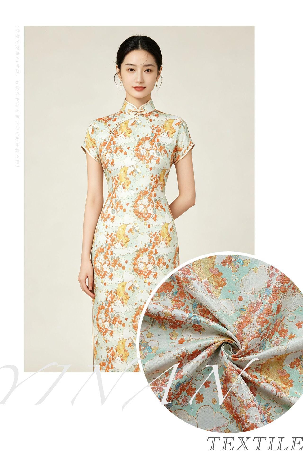 Blooming Cloud Rabbit Song Brocade Fabric, Chinese Jacquard Brocade with Gold Thread, Rabbit Floral Fabric for Hanfu Qipao Decor, 65"Wide