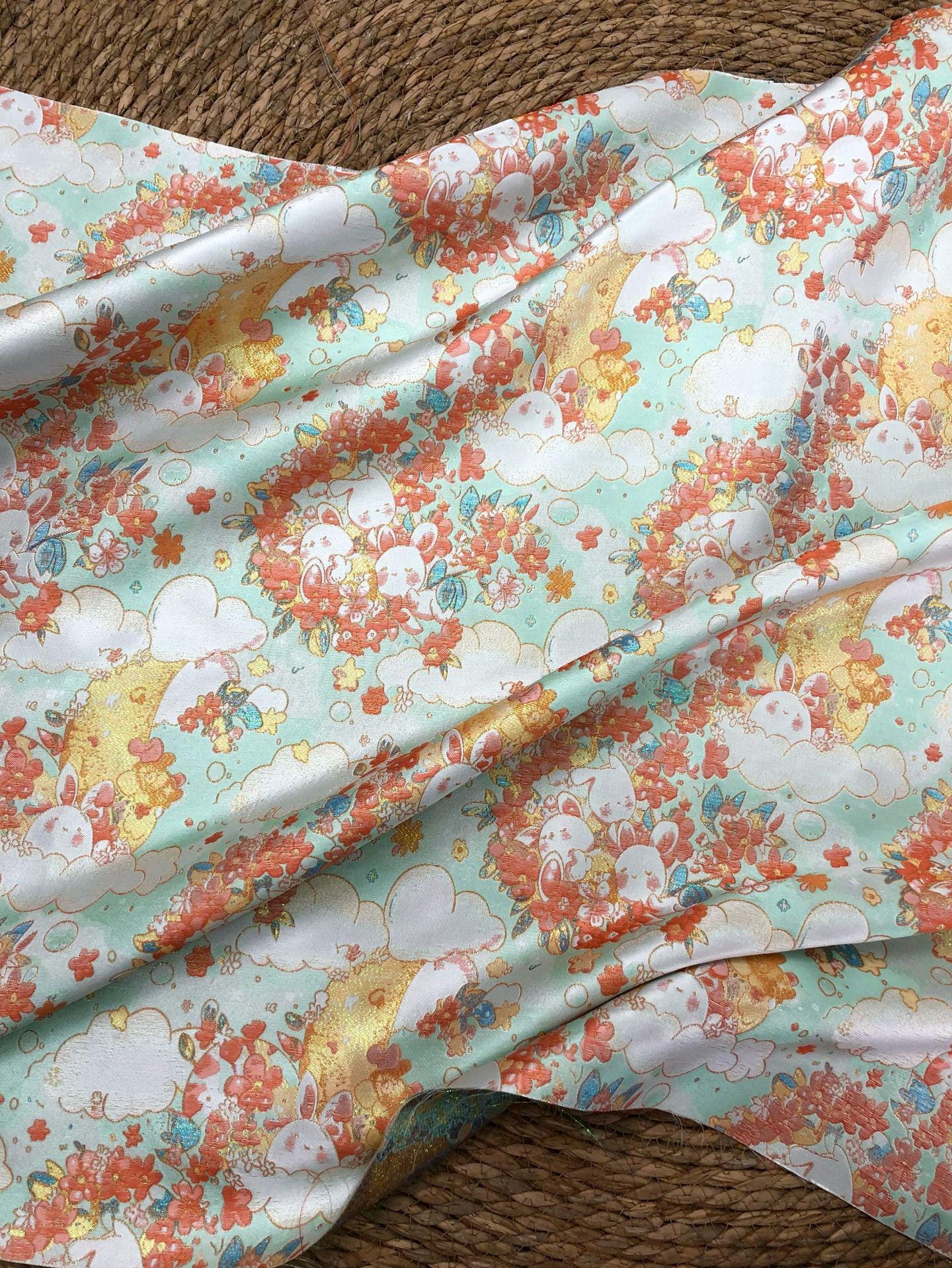 Blooming Cloud Rabbit Song Brocade Fabric, Chinese Jacquard Brocade with Gold Thread, Rabbit Floral Fabric for Hanfu Qipao Decor, 65"Wide