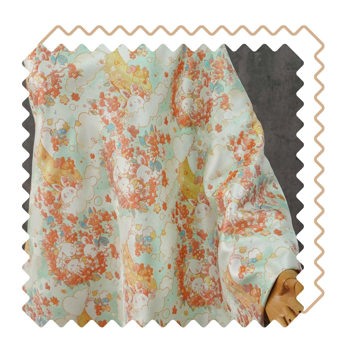 Blooming Cloud Rabbit Song Brocade Fabric, Chinese Jacquard Brocade with Gold Thread, Rabbit Floral Fabric for Hanfu Qipao Decor, 65"Wide