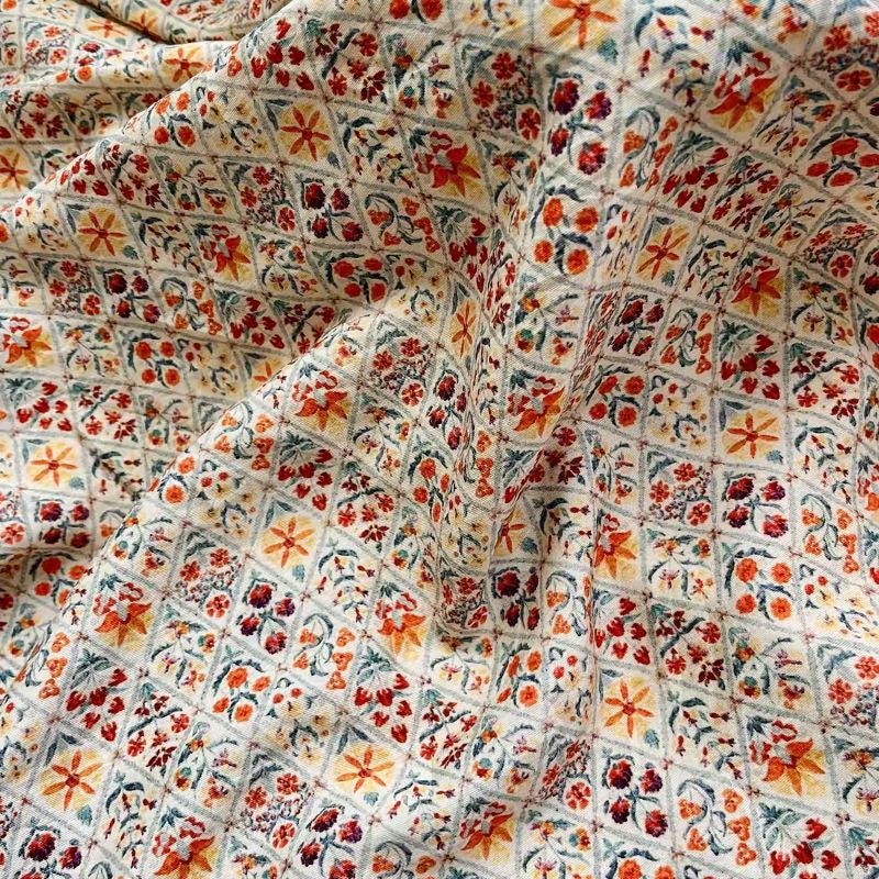 Small Floral Printed Cotton Fabric, Folk Floral Medallion Pattern Textile for Dressmaking, Quilting, Sewing and DIY Crafts