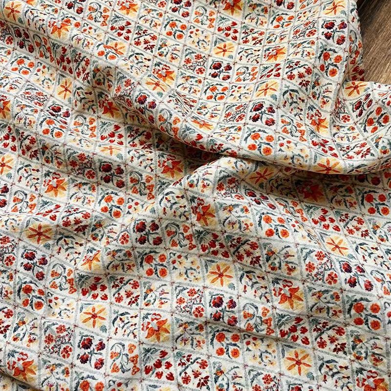 Small Floral Printed Cotton Fabric, Folk Floral Medallion Pattern Textile for Dressmaking, Quilting, Sewing and DIY Crafts