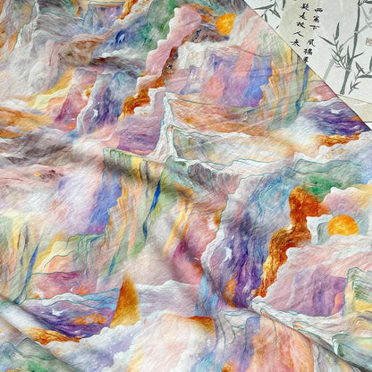 Digital Print Cotton Fabric, Watercolor Mountain Landscape Textile, Fabric for Dressmaking, Sewing, DIY Crafts, Costume, Scarf (59"W)