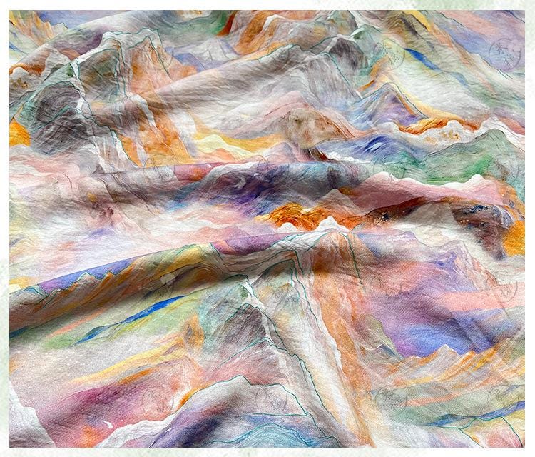 Digital Print Cotton Fabric, Watercolor Mountain Landscape Textile, Fabric for Dressmaking, Sewing, DIY Crafts, Costume, Scarf (59"W)
