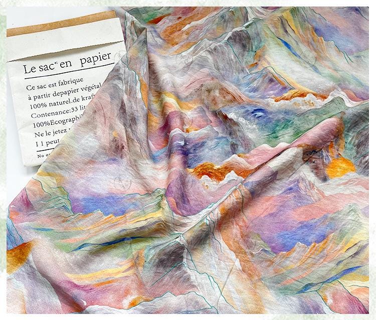 Digital Print Cotton Fabric, Watercolor Mountain Landscape Textile, Fabric for Dressmaking, Sewing, DIY Crafts, Costume, Scarf (59"W)