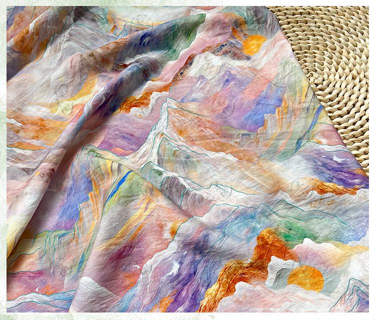Digital Print Cotton Fabric, Watercolor Mountain Landscape Textile, Fabric for Dressmaking, Sewing, DIY Crafts, Costume, Scarf (59"W)