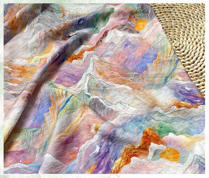 Digital Print Cotton Fabric, Watercolor Mountain Landscape Textile, Fabric for Dressmaking, Sewing, DIY Crafts, Costume, Scarf (59"W)
