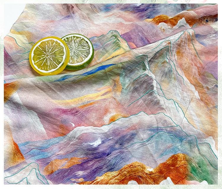 Digital Print Cotton Fabric, Watercolor Mountain Landscape Textile, Fabric for Dressmaking, Sewing, DIY Crafts, Costume, Scarf (59"W)
