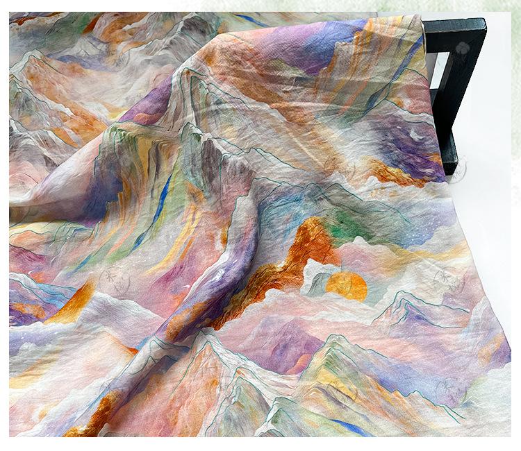 Digital Print Cotton Fabric, Watercolor Mountain Landscape Textile, Fabric for Dressmaking, Sewing, DIY Crafts, Costume, Scarf (59"W)