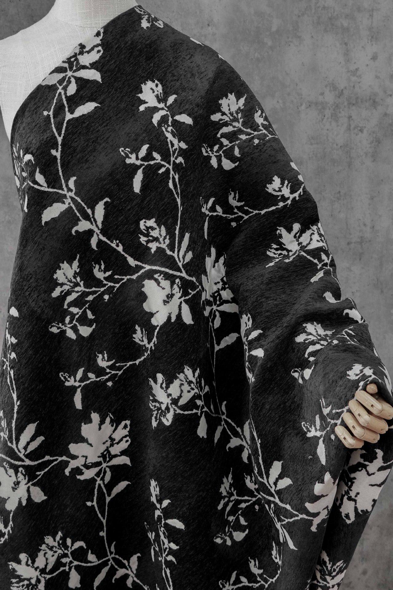 Black White Chenille Floral Vine Fabric, Woven Botanical Upholstery Fabric for Sofa, Curtains, Furniture Decor by the Yard