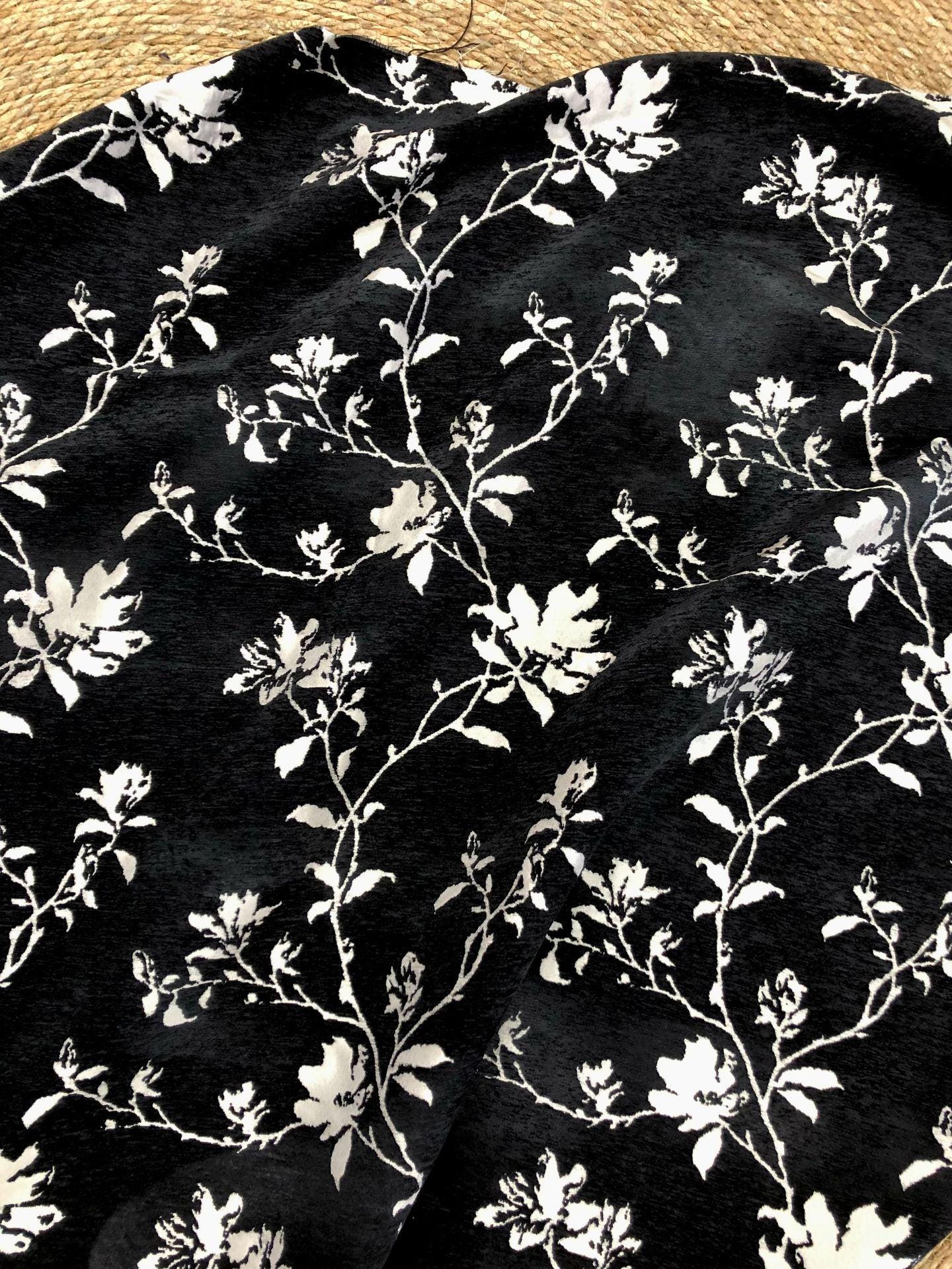 Black White Chenille Floral Vine Fabric, Woven Botanical Upholstery Fabric for Sofa, Curtains, Furniture Decor by the Yard