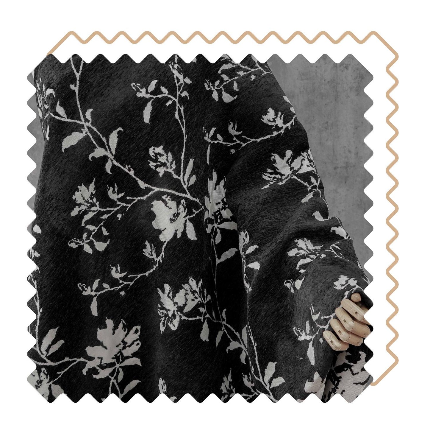Black White Chenille Floral Vine Fabric, Woven Botanical Upholstery Fabric for Sofa, Curtains, Furniture Decor by the Yard