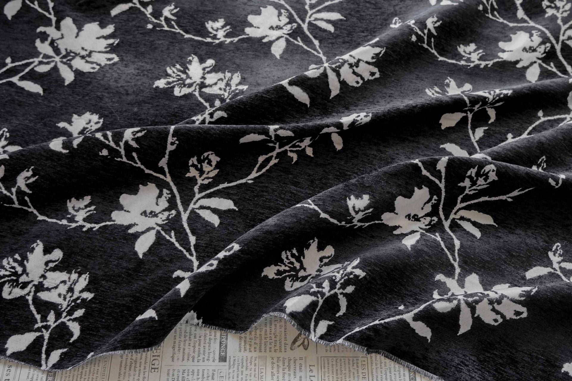 Black White Chenille Floral Vine Fabric, Woven Botanical Upholstery Fabric for Sofa, Curtains, Furniture Decor by the Yard