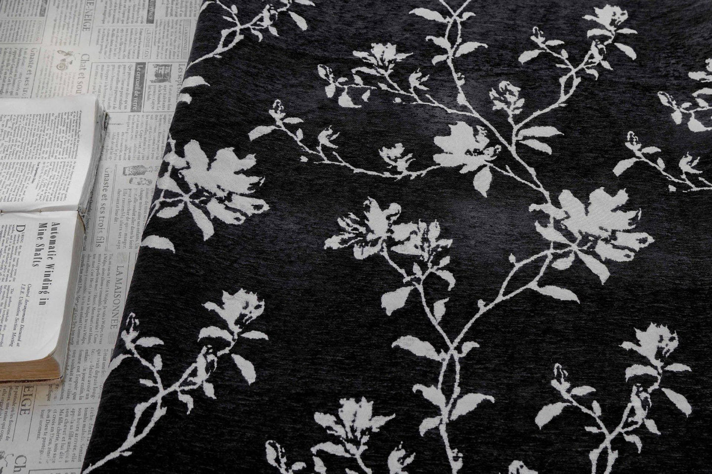 Black White Chenille Floral Vine Fabric, Woven Botanical Upholstery Fabric for Sofa, Curtains, Furniture Decor by the Yard