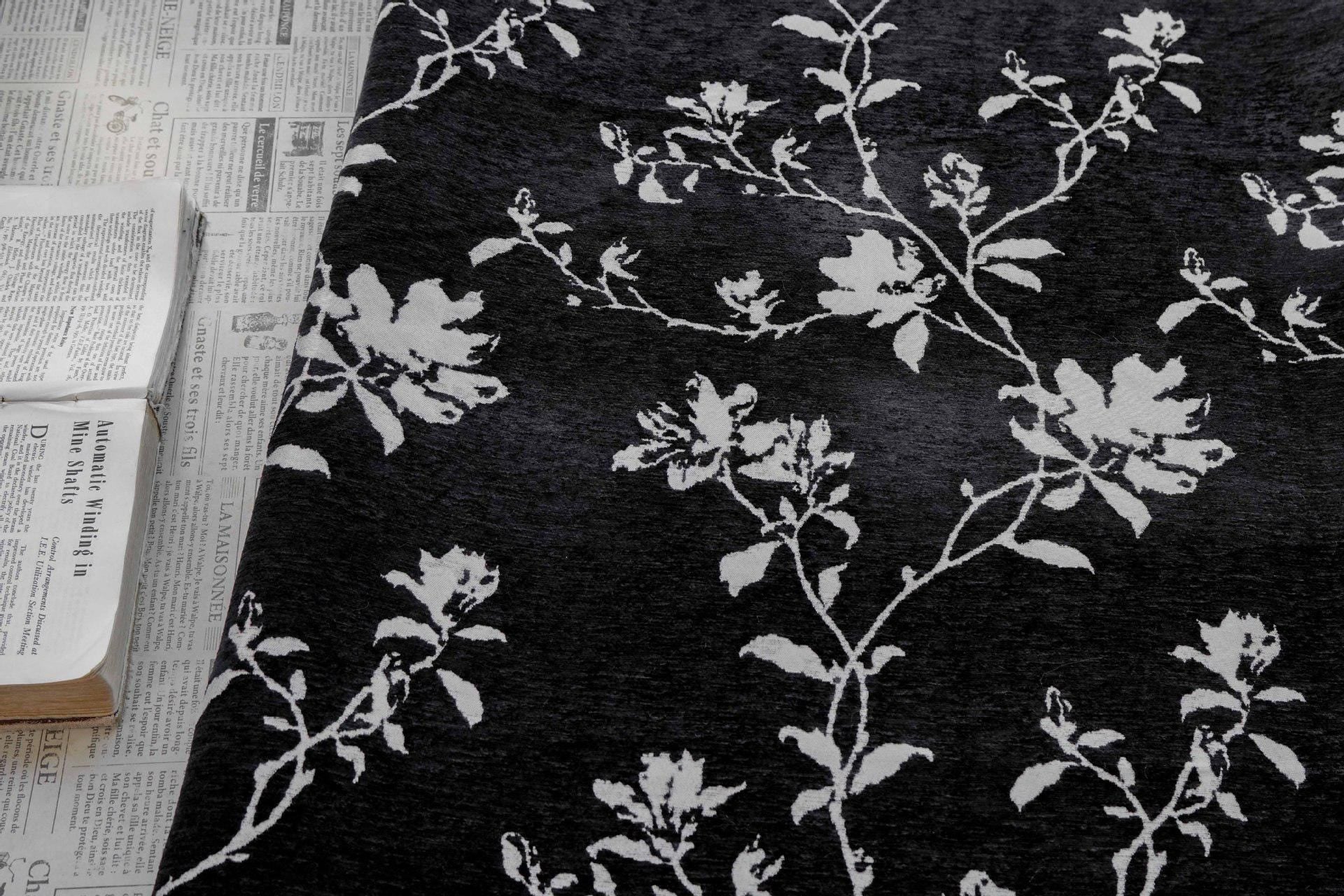 Black White Chenille Floral Vine Fabric, Woven Botanical Upholstery Fabric for Sofa, Curtains, Furniture Decor by the Yard