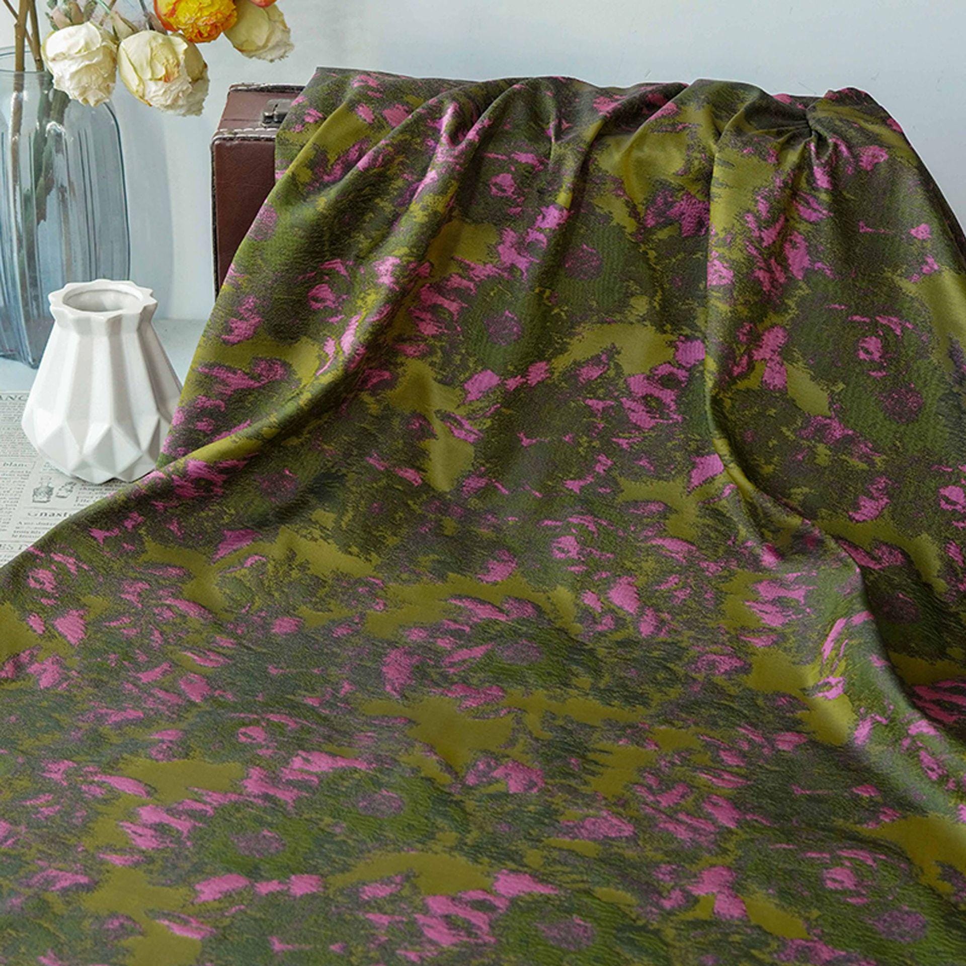 Pink Green Abstract Jacquard Fabric, Painterly Floral Upholstery Fabric, Olive Green Woven Fabric for Chairs, Curtains by the Yard, 63"W