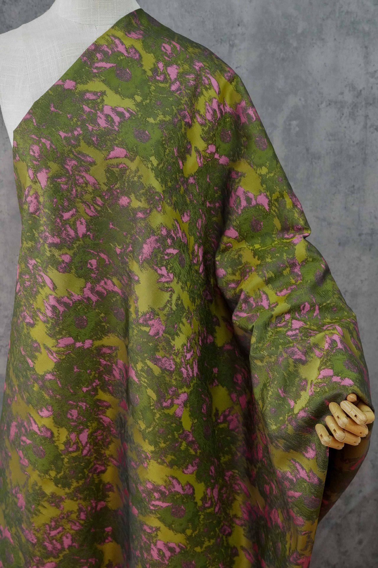 Pink Green Abstract Jacquard Fabric, Painterly Floral Upholstery Fabric, Olive Green Woven Fabric for Chairs, Curtains by the Yard, 63"W