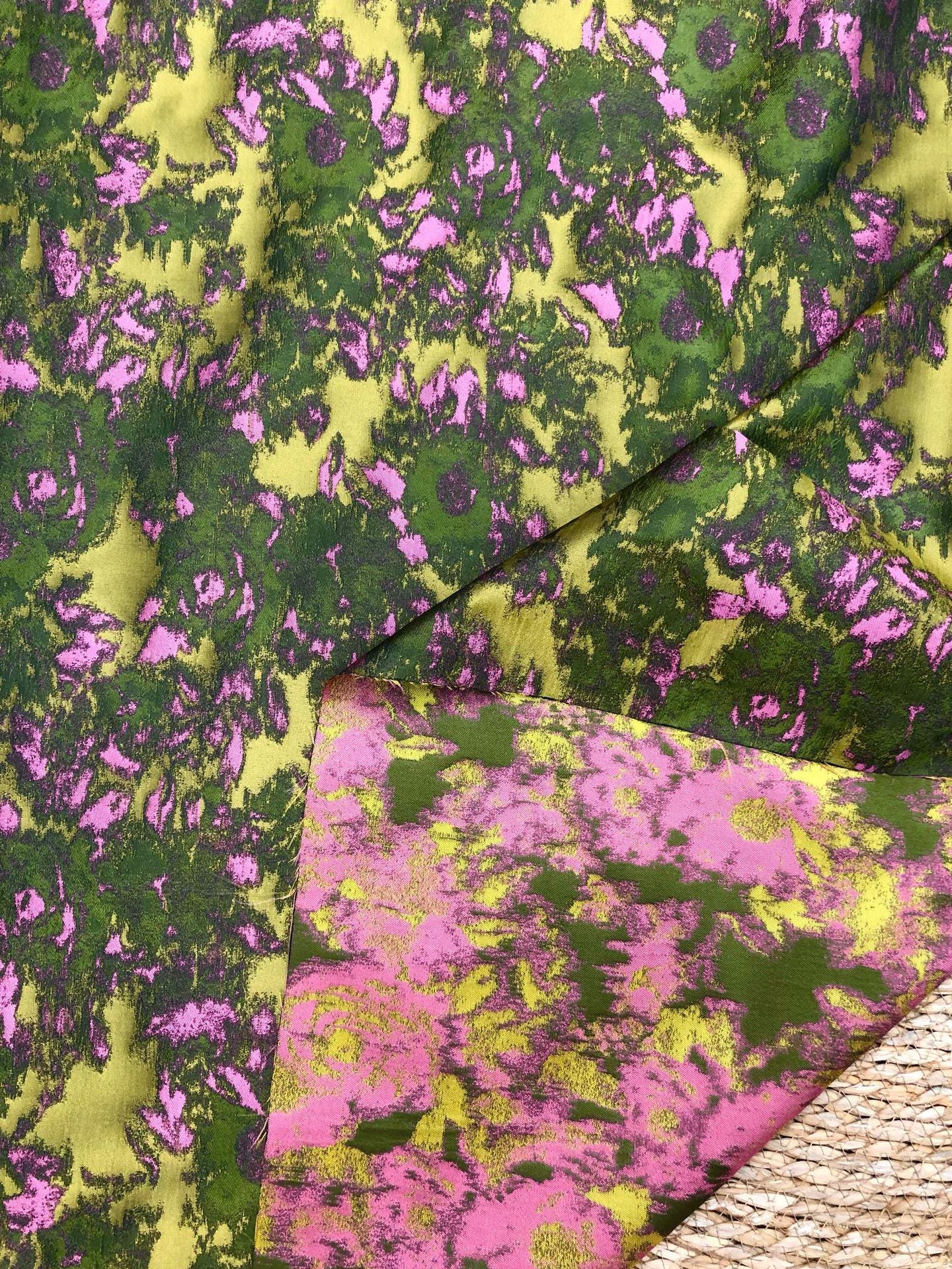 Pink Green Abstract Jacquard Fabric, Painterly Floral Upholstery Fabric, Olive Green Woven Fabric for Chairs, Curtains by the Yard, 63"W
