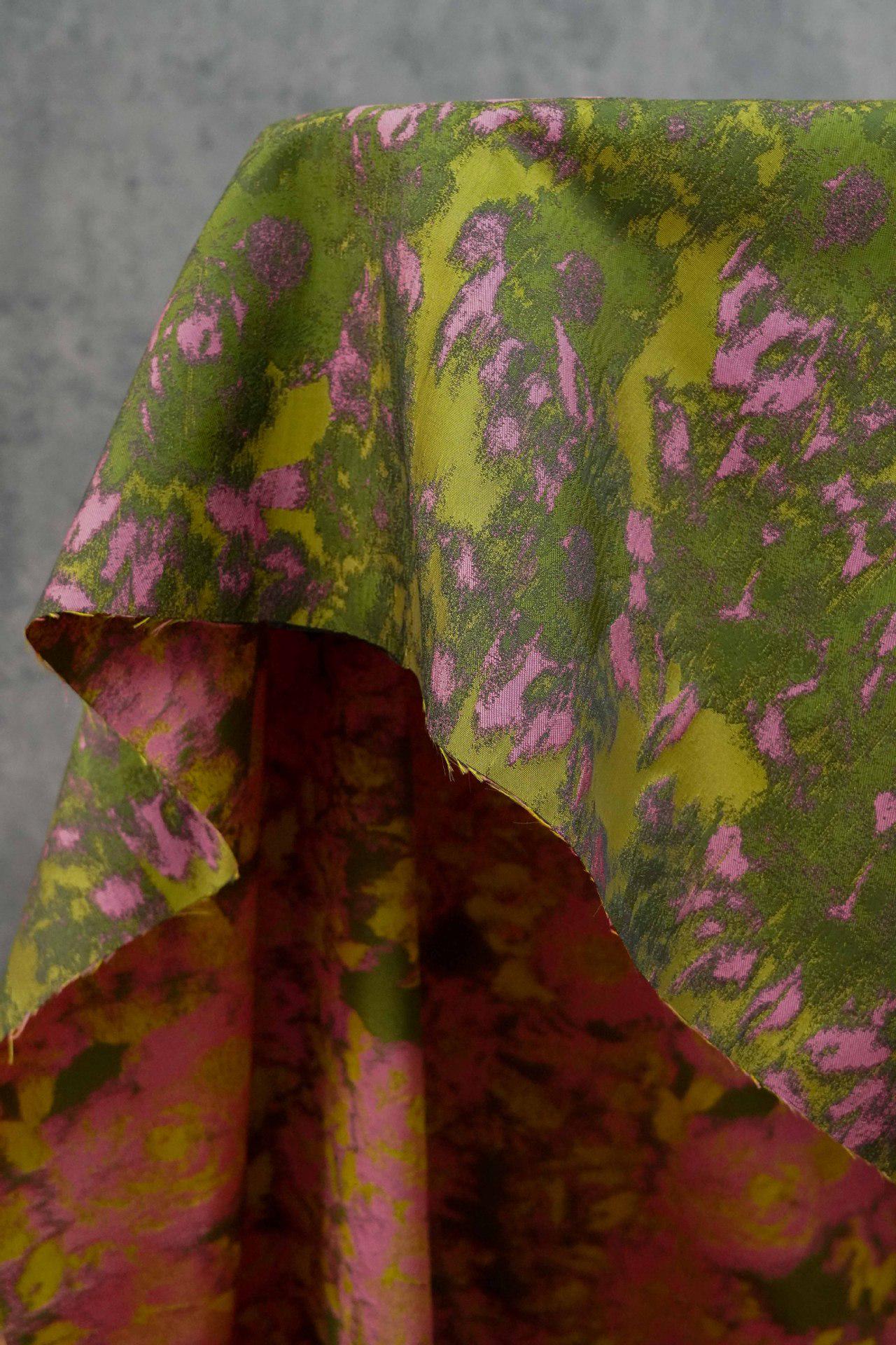 Pink Green Abstract Jacquard Fabric, Painterly Floral Upholstery Fabric, Olive Green Woven Fabric for Chairs, Curtains by the Yard, 63"W