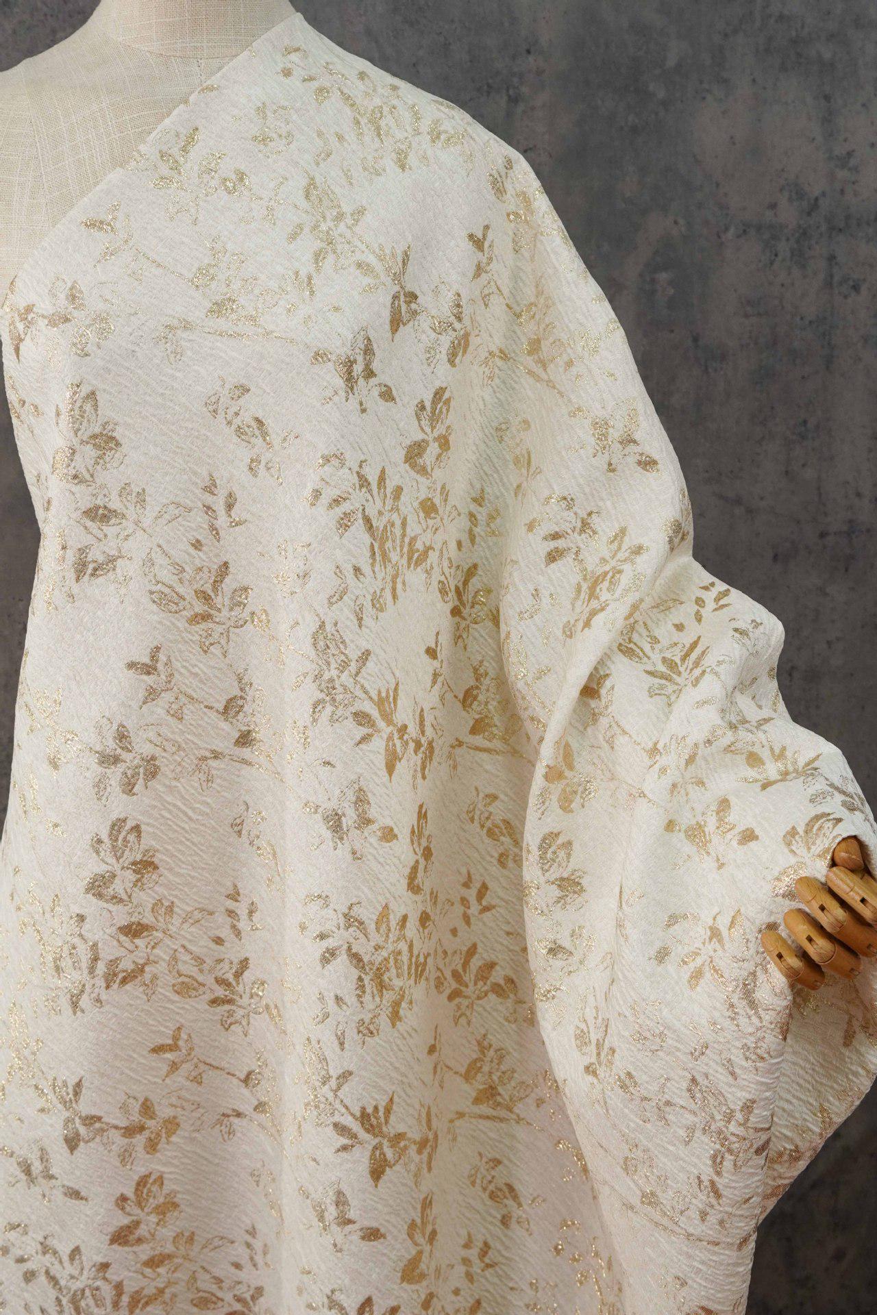 Ivory Gold 3D Embossed Floral Jacquard Fabric, Crinkle Texture Metallic Thread Fabric for Dresses, Bridal, Home Decor by the Yard, 55"Wide