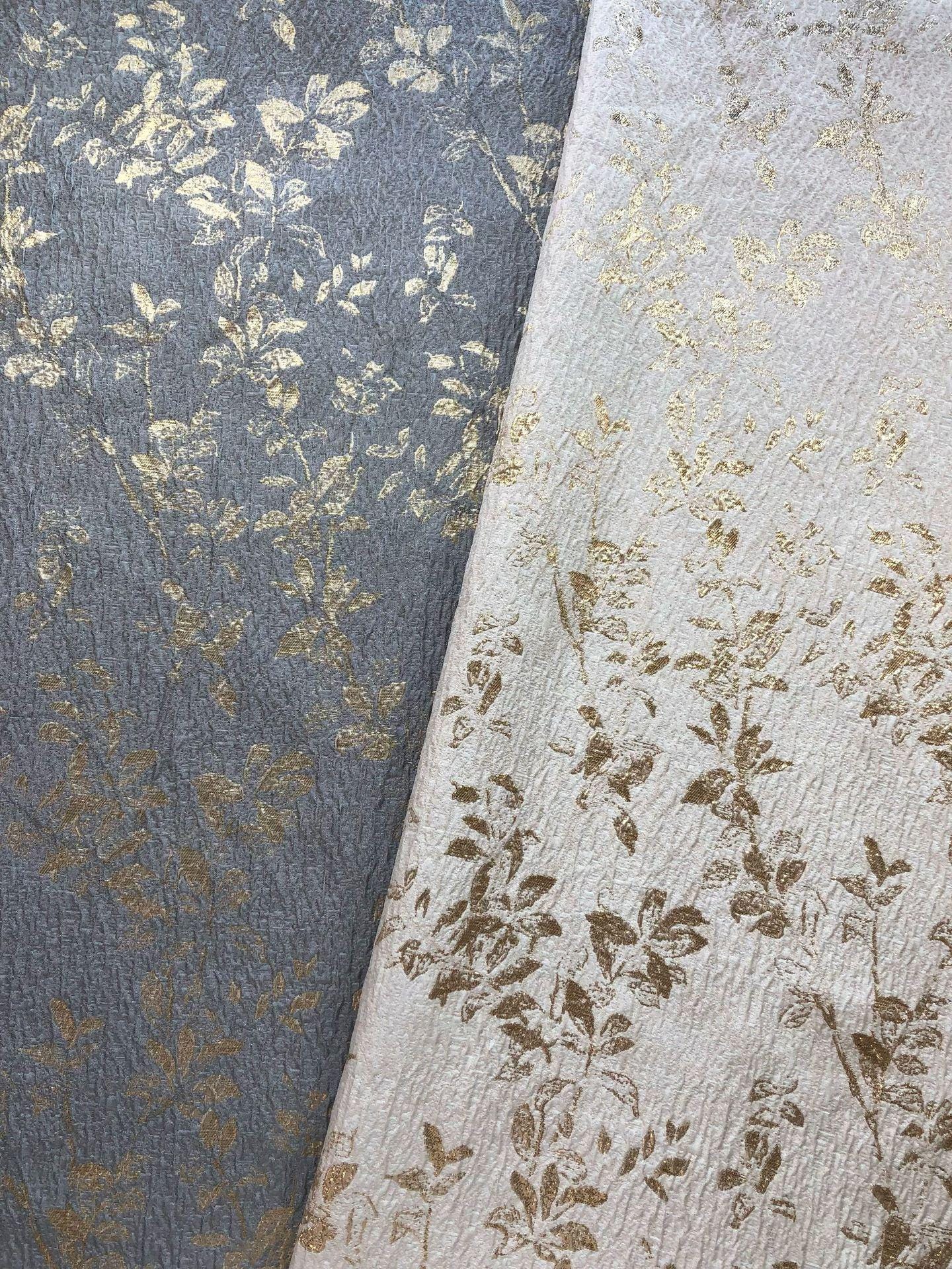 Ivory Gold 3D Embossed Floral Jacquard Fabric, Crinkle Texture Metallic Thread Fabric for Dresses, Bridal, Home Decor by the Yard, 55"Wide