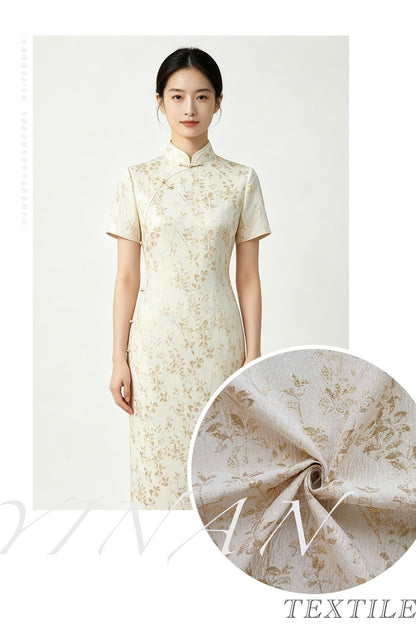 Ivory Gold 3D Embossed Floral Jacquard Fabric, Crinkle Texture Metallic Thread Fabric for Dresses, Bridal, Home Decor by the Yard, 55"Wide