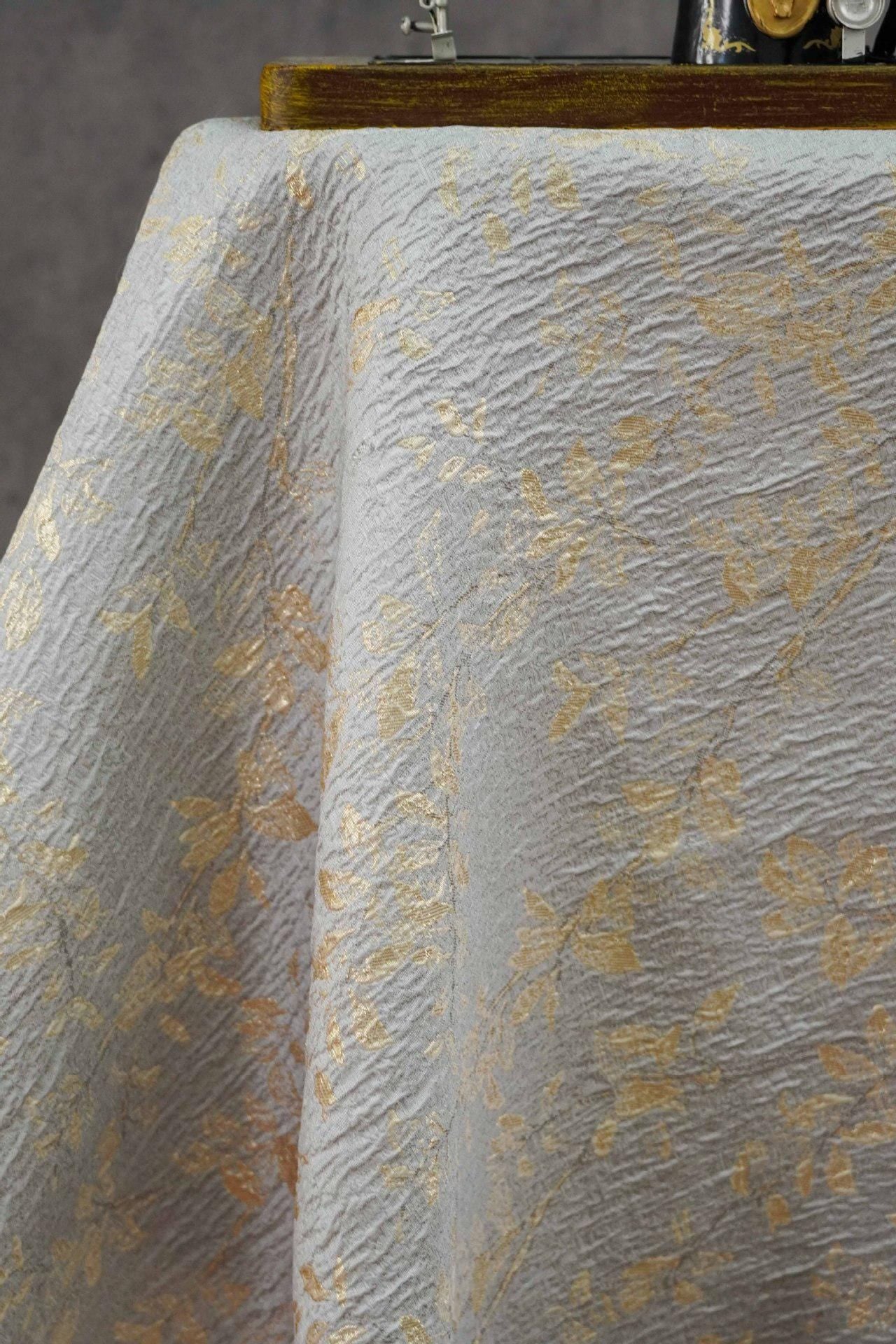 Ivory Gold 3D Embossed Floral Jacquard Fabric, Crinkle Texture Metallic Thread Fabric for Dresses, Bridal, Home Decor by the Yard, 55"Wide