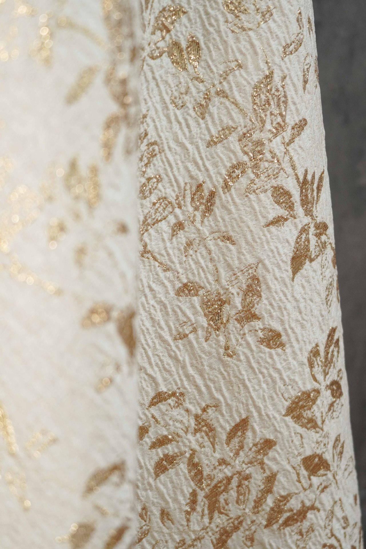 Ivory Gold 3D Embossed Floral Jacquard Fabric, Crinkle Texture Metallic Thread Fabric for Dresses, Bridal, Home Decor by the Yard, 55"Wide
