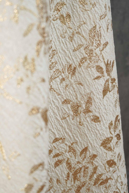 Ivory Gold 3D Embossed Floral Jacquard Fabric, Crinkle Texture Metallic Thread Fabric for Dresses, Bridal, Home Decor by the Yard, 55"Wide