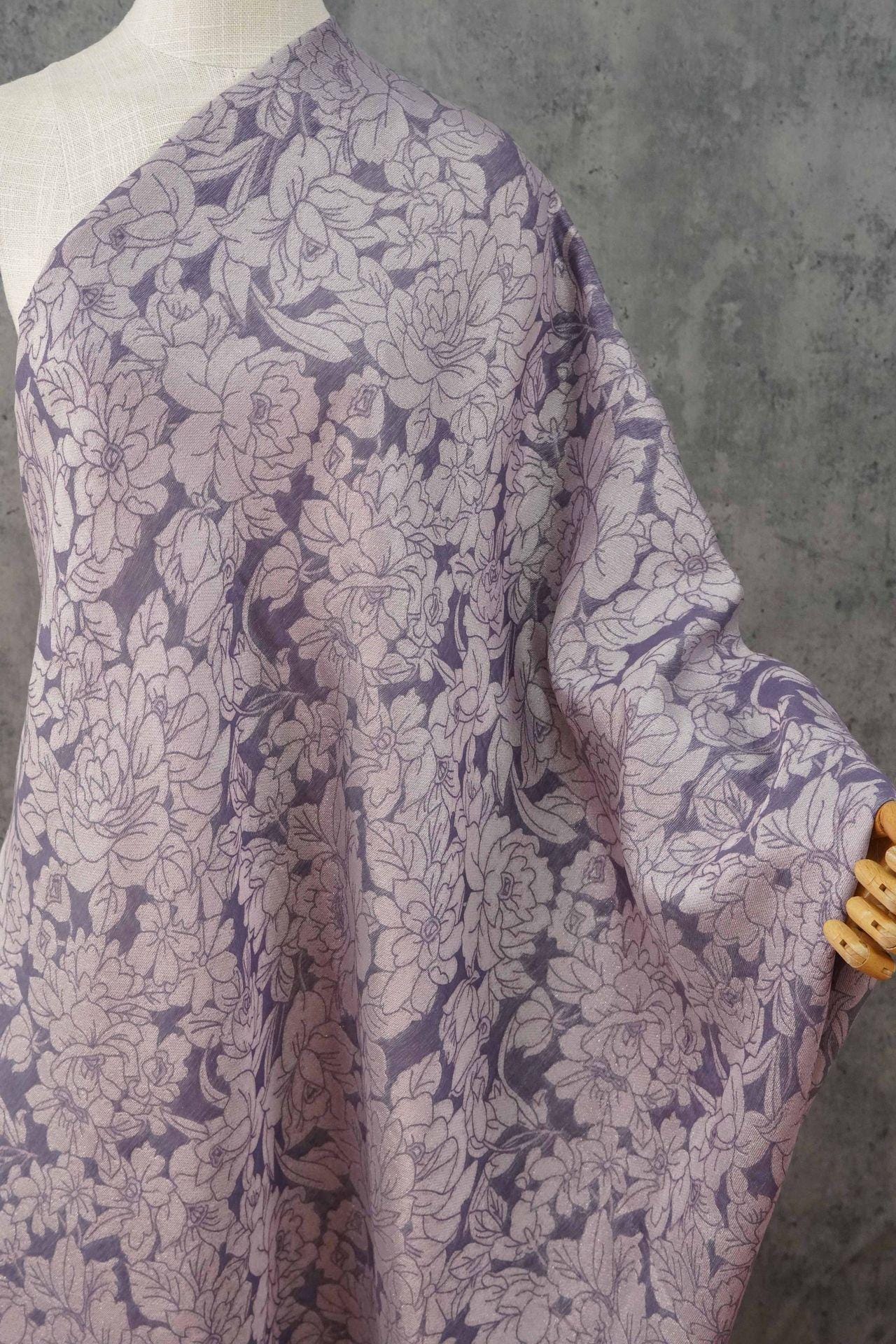 Mauve Purple Peony Silk Jacquard Fabric, Allover Floral Line Art Silk Fabric for Dresses, Kimono, Home Decor by the Yard, 55"Wide
