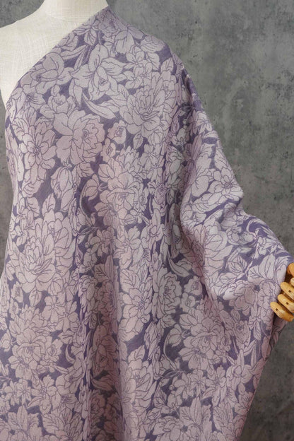 Mauve Purple Peony Silk Jacquard Fabric, Allover Floral Line Art Silk Fabric for Dresses, Kimono, Home Decor by the Yard, 55"Wide