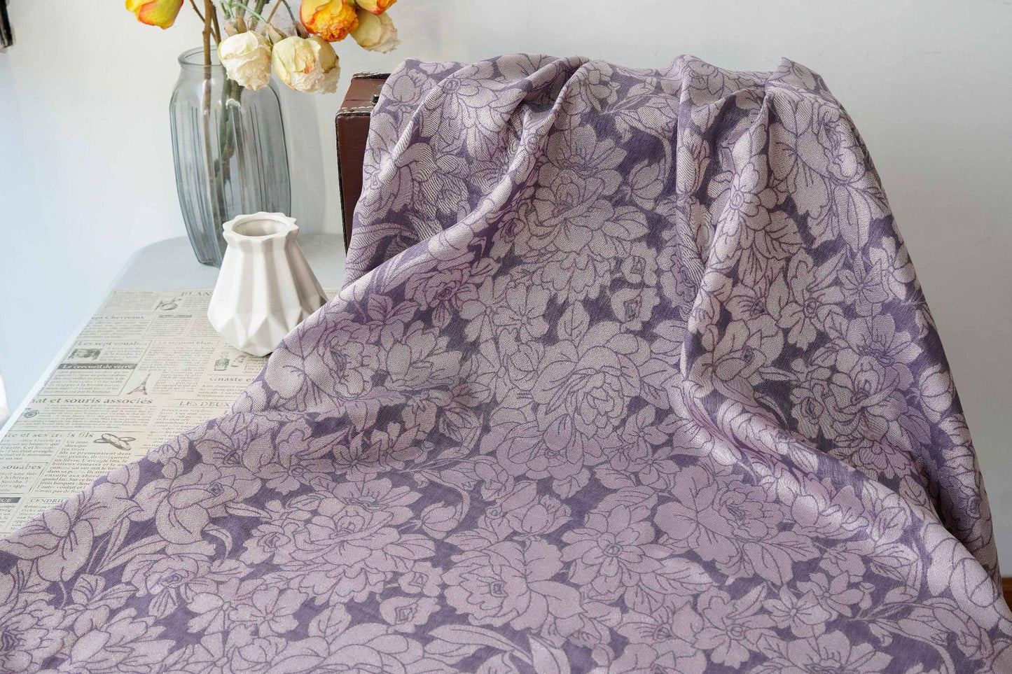Mauve Purple Peony Silk Jacquard Fabric, Allover Floral Line Art Silk Fabric for Dresses, Kimono, Home Decor by the Yard, 55"Wide