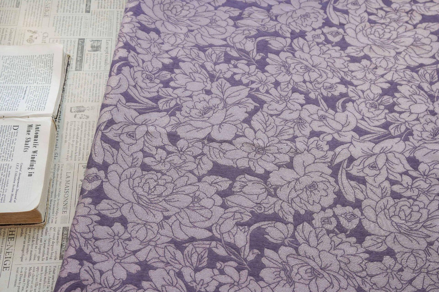 Mauve Purple Peony Silk Jacquard Fabric, Allover Floral Line Art Silk Fabric for Dresses, Kimono, Home Decor by the Yard, 55"Wide