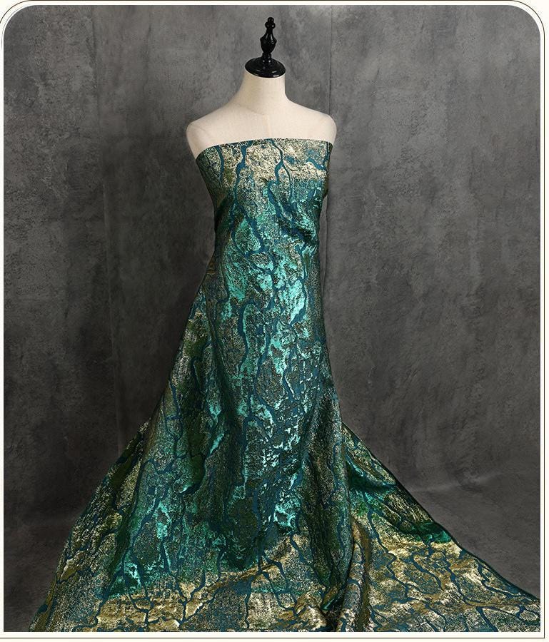 Jade green Metallic Thread Jacquard Fabric, 3D Embossed Stripe Textile, Multicolor Woven Fabric for Dressmaking, Jackets, Bags and Decor