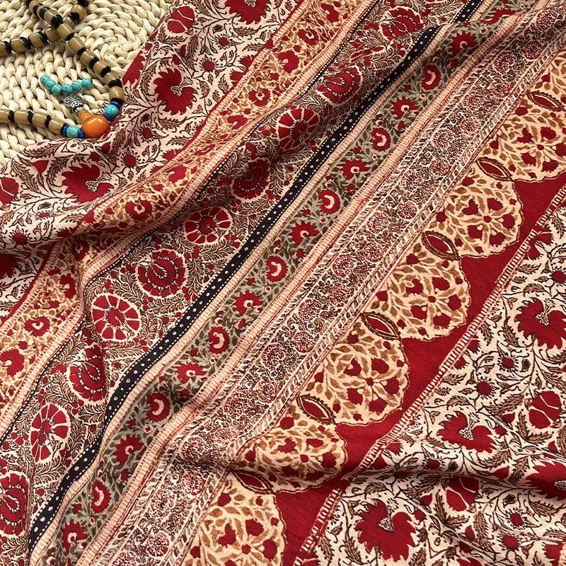 Ornamental Floral Stripe Print Cotton Fabric, Vintage-Style Botanical Textile for Dresses, Quilting, Crafts and Home Decor
