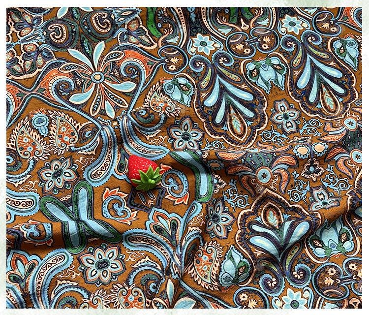 Ornamental Paisley Floral Print Fabric, Botanical Vine Textile for Dresses, Bags, Crafts, Sewing and Home Decor
