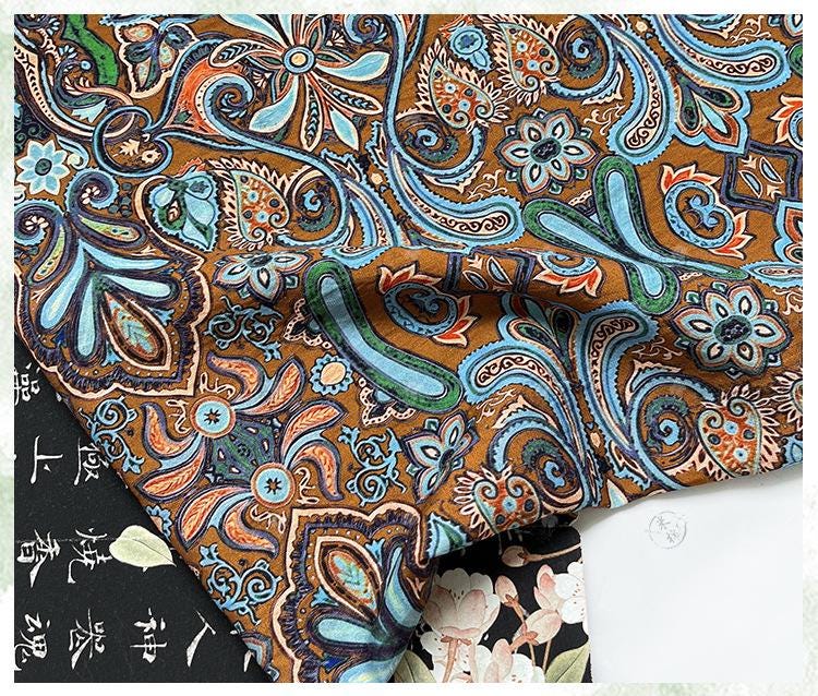 Ornamental Paisley Floral Print Fabric, Botanical Vine Textile for Dresses, Bags, Crafts, Sewing and Home Decor