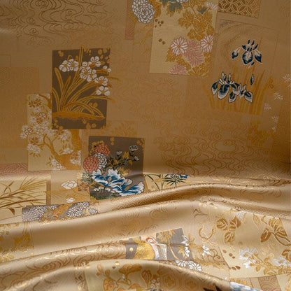 Gold Japanese Brocade Fabric, Floral Bird Panel Kinran Jacquard, Nishijin Style Obi Fabric for Kimono, Crafts, Home Decor