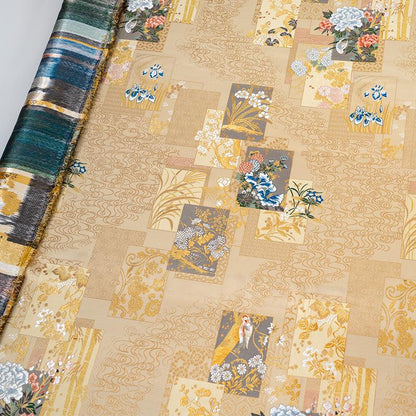 Gold Japanese Brocade Fabric, Floral Bird Panel Kinran Jacquard, Nishijin Style Obi Fabric for Kimono, Crafts, Home Decor