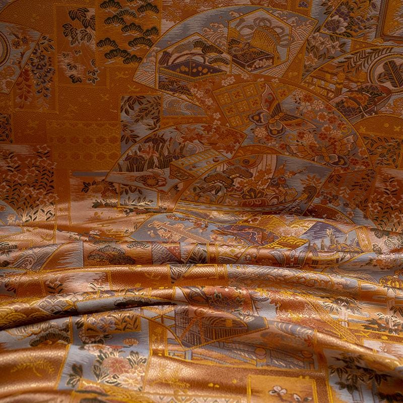 Fan Motif Brocade Jacquard Fabric, Gold Ornamental Woven Textile for Qipao, Jackets, Bags, Crafts and Home Decor