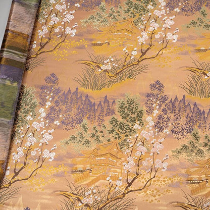 Plum Blossom Pavilion Landscape Brocade Jacquard Fabric, 3D Woven Textile for Qipao, Jackets, Bags, Crafts and Home Decor