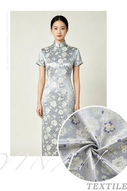 Light Blue Butterfly Camellia Song Brocade Fabric, Yarn-Dyed Floral Jacquard Textile for Qipao, Hanfu, Dresses, Bags and Sewing, 59"Wide