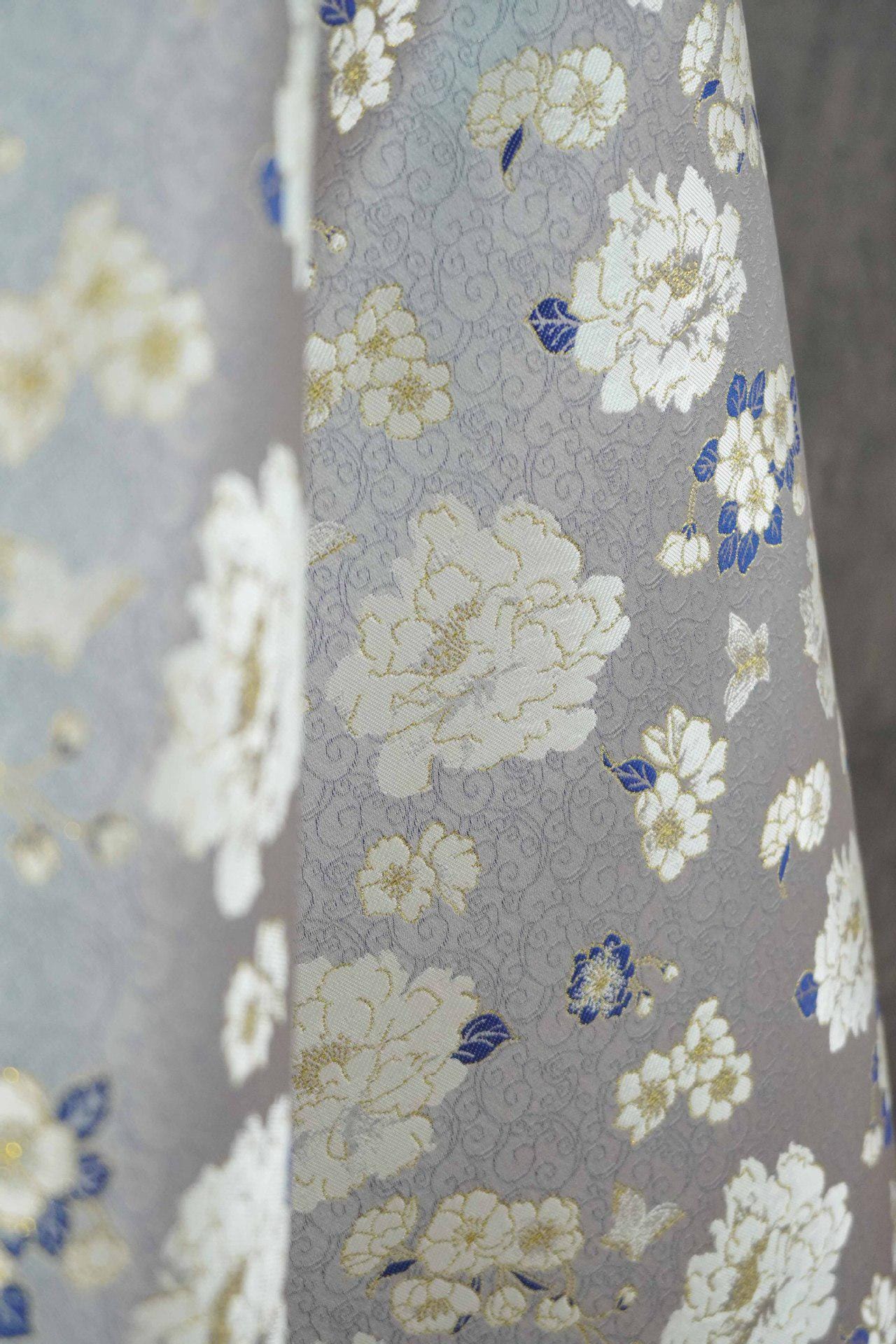 Light Blue Butterfly Camellia Song Brocade Fabric, Yarn-Dyed Floral Jacquard Textile for Qipao, Hanfu, Dresses, Bags and Sewing, 59"Wide
