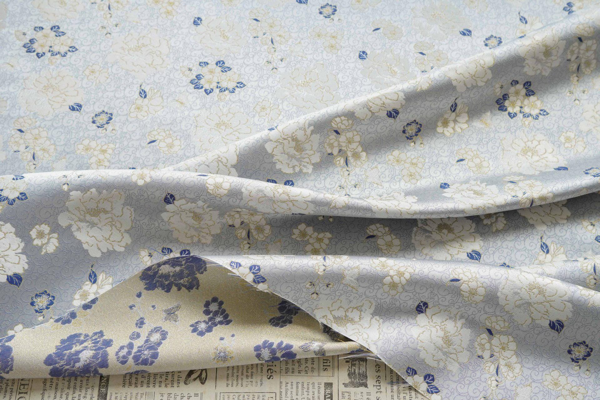 Light Blue Butterfly Camellia Song Brocade Fabric, Yarn-Dyed Floral Jacquard Textile for Qipao, Hanfu, Dresses, Bags and Sewing, 59"Wide