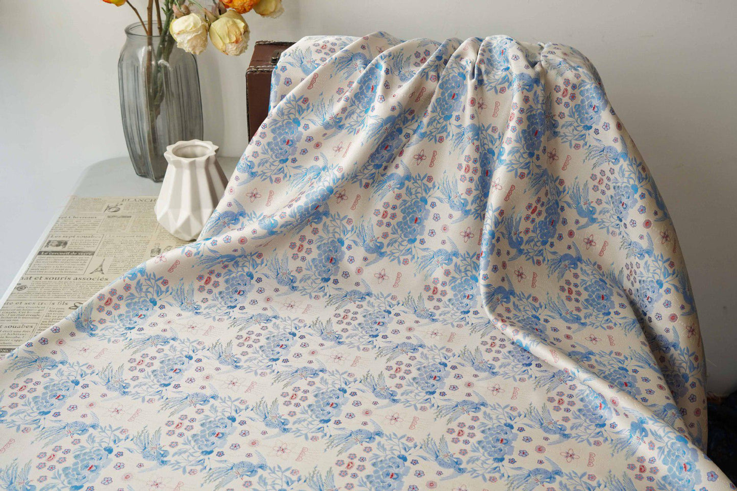 Sparrow Peony Song Brocade Fabric, Yarn-Dyed Floral Bird Jacquard Textile, 2 Colors for Qipao, Hanfu, Dresses and Sewing, 60"Wide