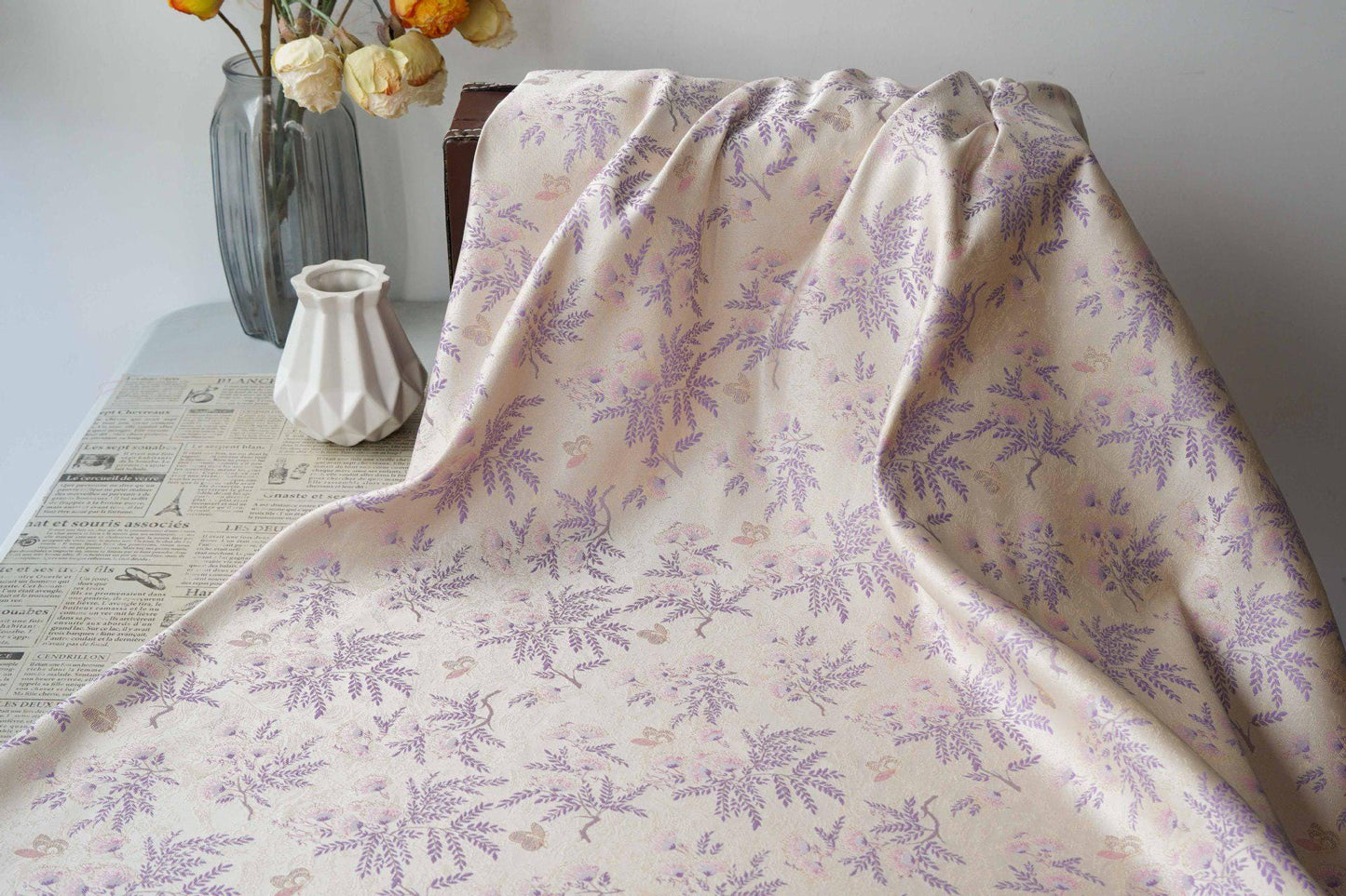 Albizia Butterfly Jacquard Brocade Fabric, Floral Woven Satin Textile for Qipao, Dresses, Jackets, Bags and Sewing Projects, 59"Wide