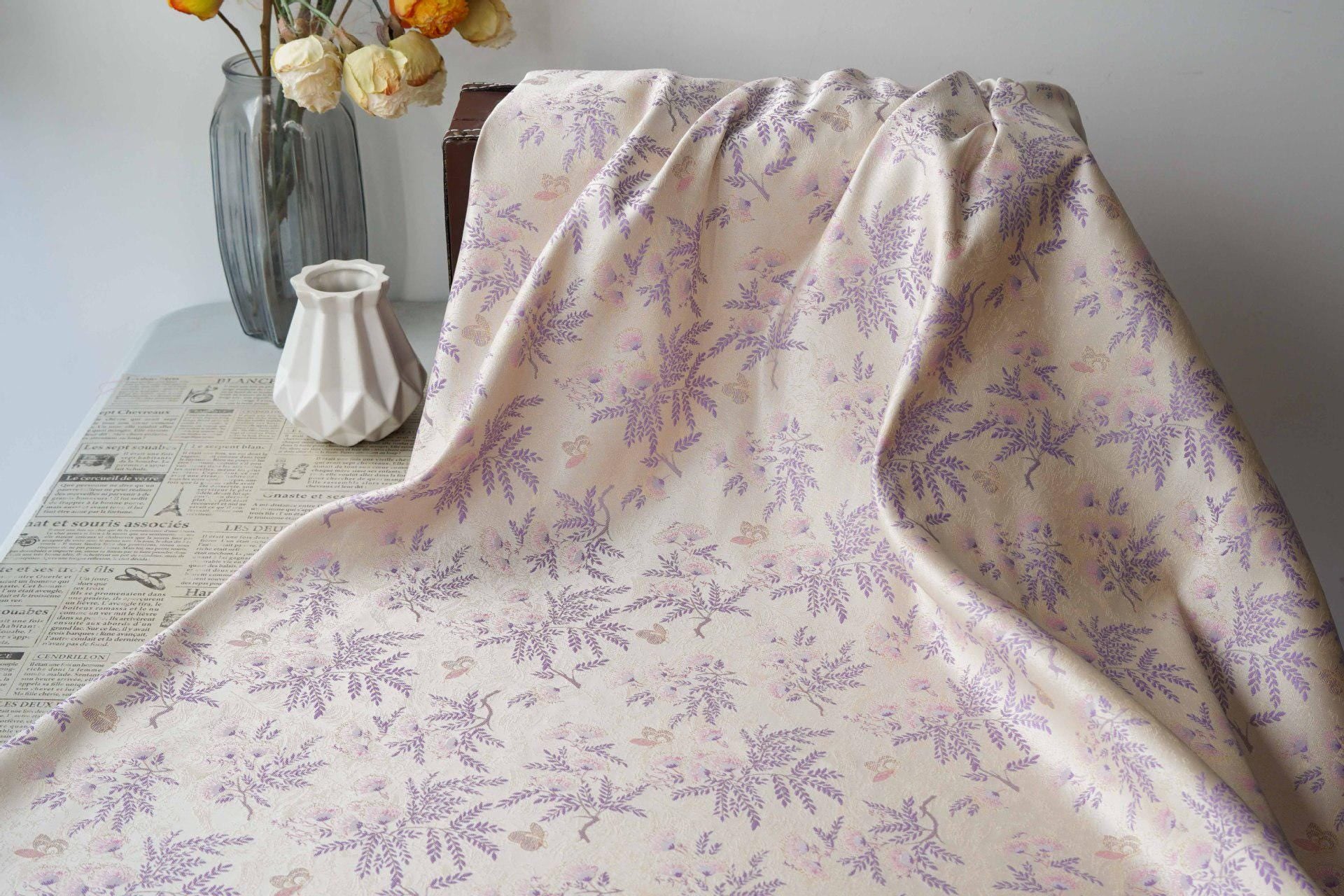 Albizia Butterfly Jacquard Brocade Fabric, Floral Woven Satin Textile for Qipao, Dresses, Jackets, Bags and Sewing Projects, 59"Wide